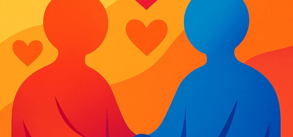 Ilustración abstracta de amistad con figuras conectadas y corazones