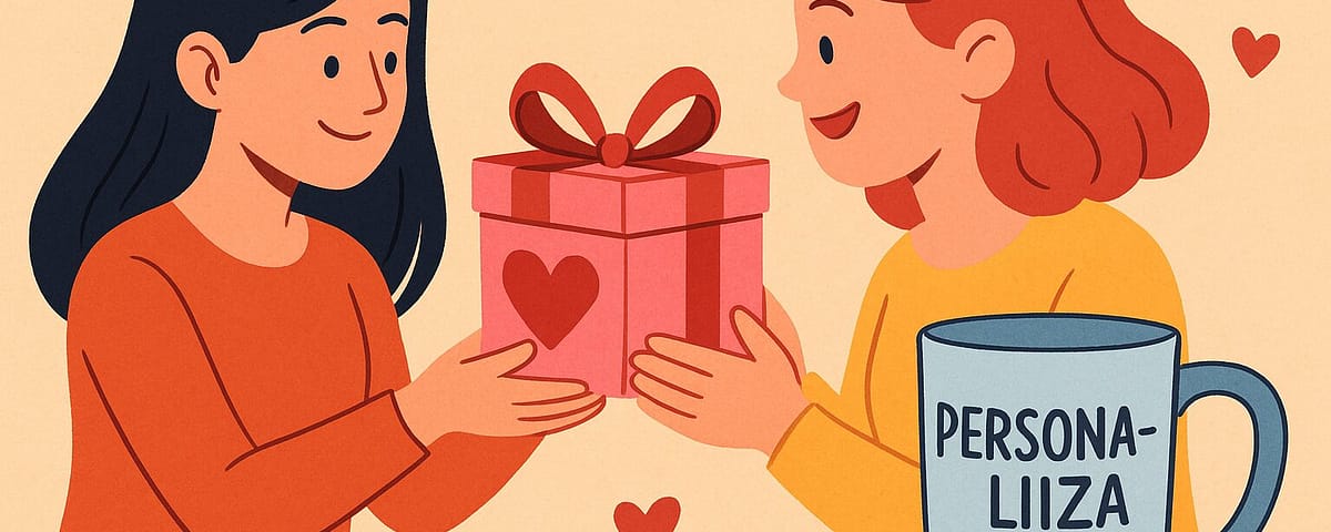 Ilustración alegre de dos amigos intercambiando regalos personalizados