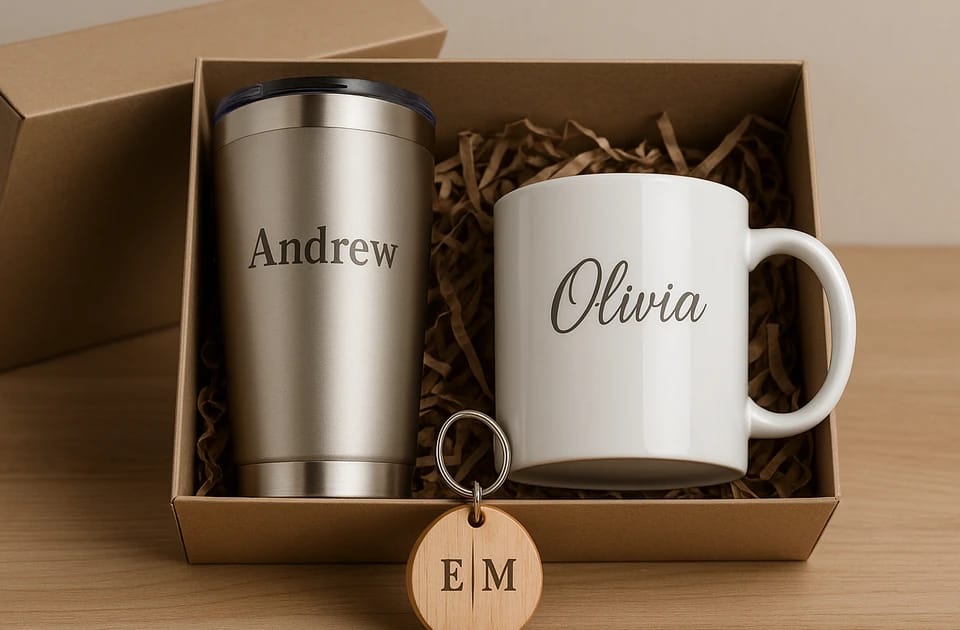 Kit de regalo con vaso, taza y llavero personalizados