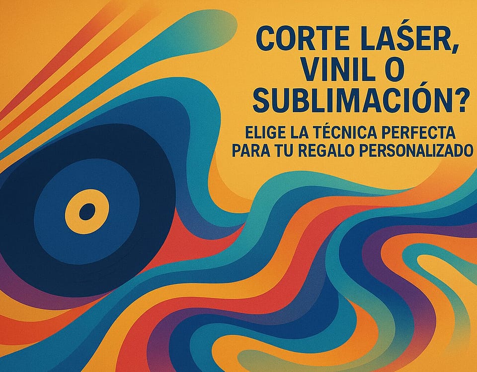 Ilustración abstracta con colores vibrantes representando corte láser, vinil y sublimación.