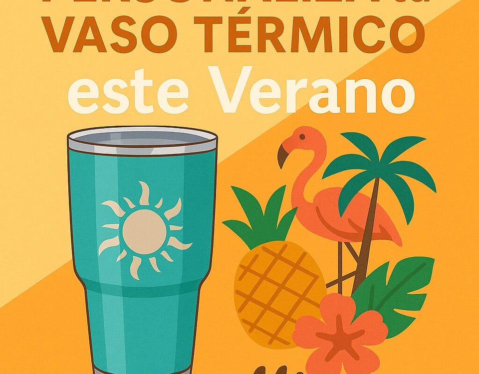 Ilustración abstracta de un vaso térmico personalizado con motivos veraniegos