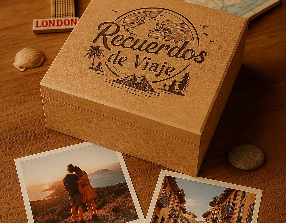 Caja de MDF para recuerdos de viaje con fotos y mapas