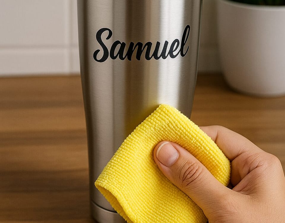 Vaso grabado siendo limpiado con un paño amarillo, demostrando cuidado de vasos personalizados